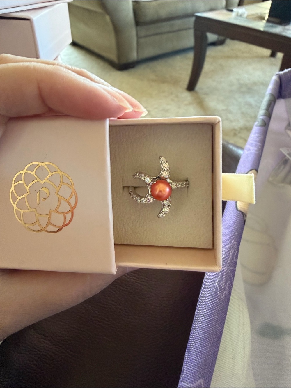 Women's Silver Crystal Ring with Orange Pearl Accent